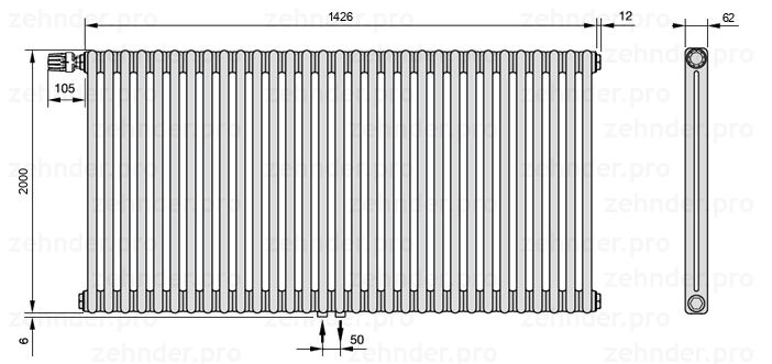Схема (чертеж) Радиатор Zehnder Charleston 2200/31 №V007 Белый глянцевый RAL 9016